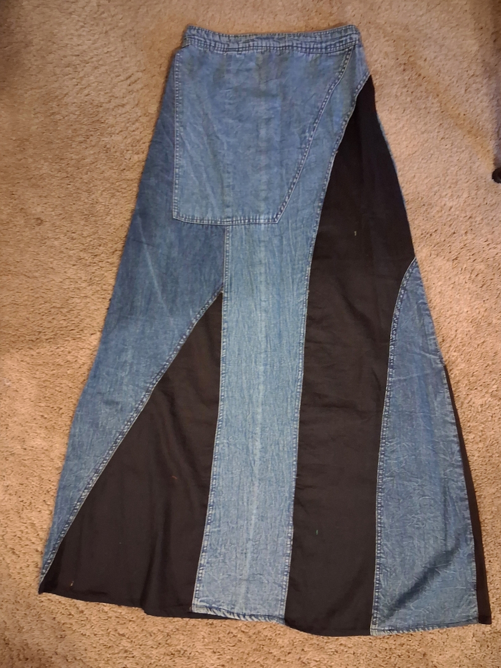 Young Threads Denim Patchwork Maxi Skirt with Black Panels